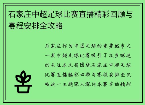 石家庄中超足球比赛直播精彩回顾与赛程安排全攻略